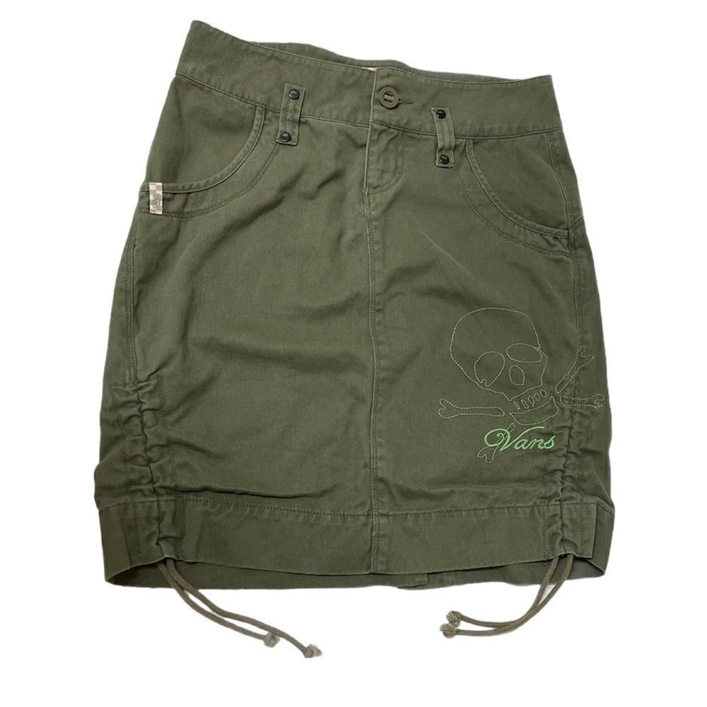 VANS Army Green Drawstring Cinch Embroidered Skull Motif Straight Short Skirt